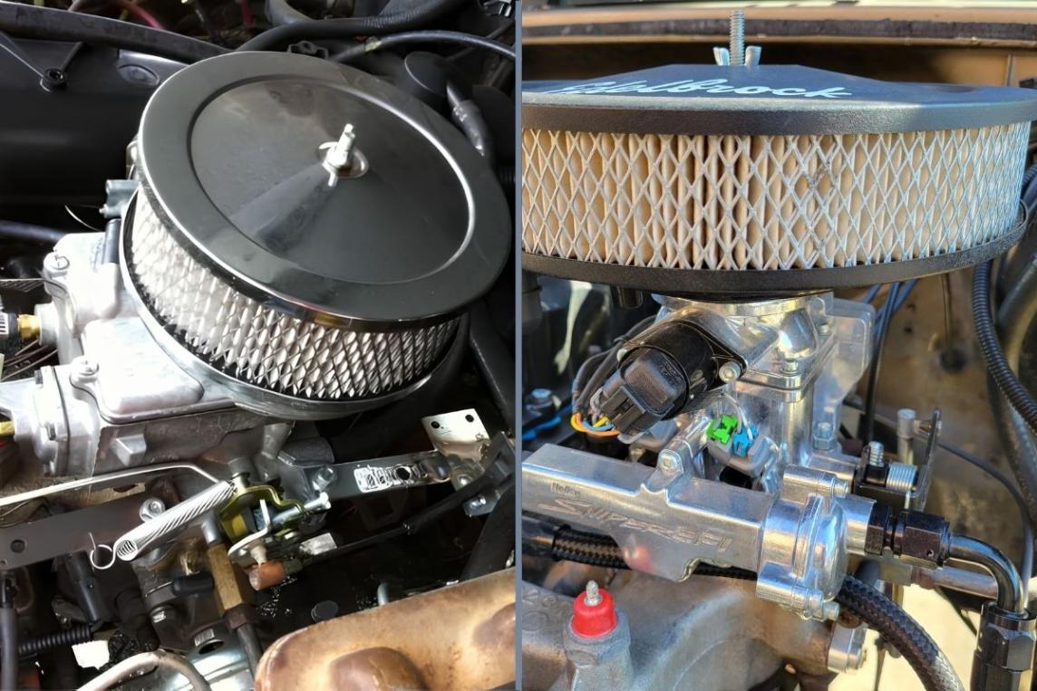 Side by side image of Motorcraft 2100 and Sniper BBD EFI on AMC 258 engines
