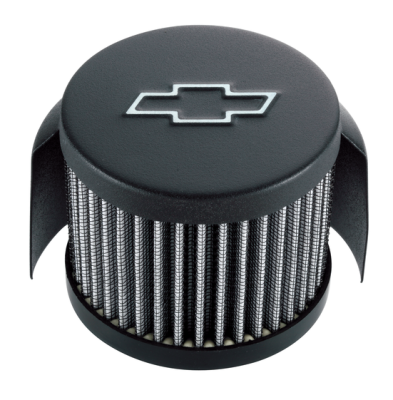 Engine Valve Cover Breather Chevy Logo Push-In Style w/Hood Black Crinkle Chevrolet Performance Parts