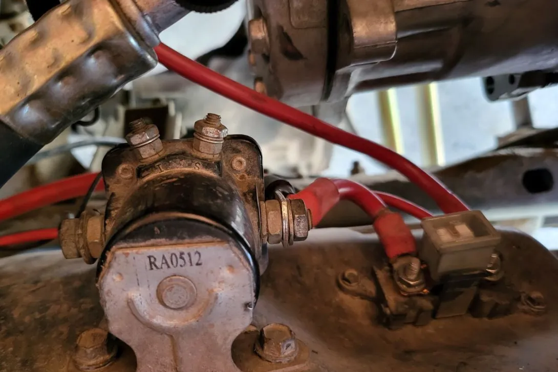 Jeep CJ starter solenoid with original wiring and red battery cables